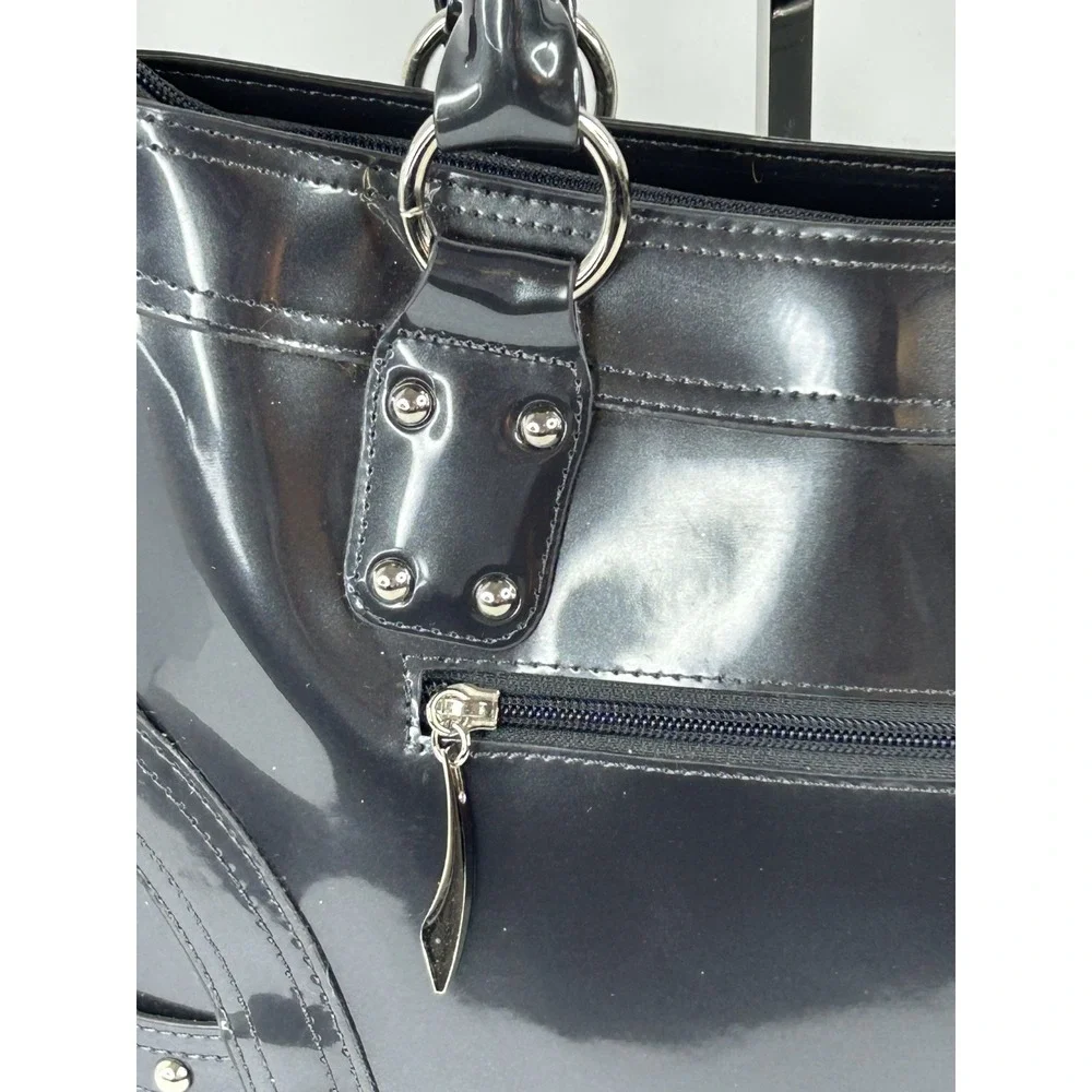 Beijo Classic Handbag Charcoal Patent Faux Leather Satchel‎ Top Handle Purse EUC